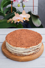 Fototapeta na wymiar home made cake with flower background