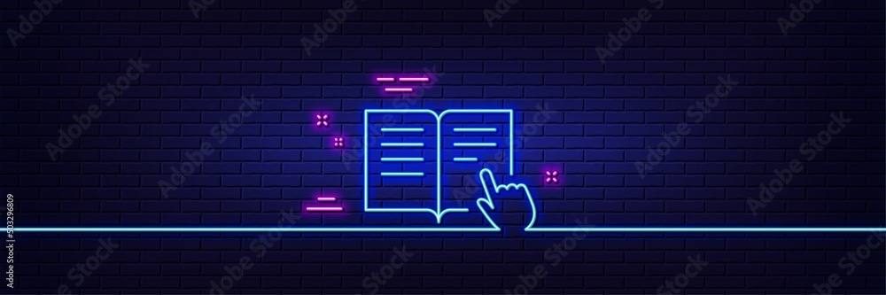 Poster neon light glow effect. instruction book line icon. education with hand pointer symbol. e-learning s