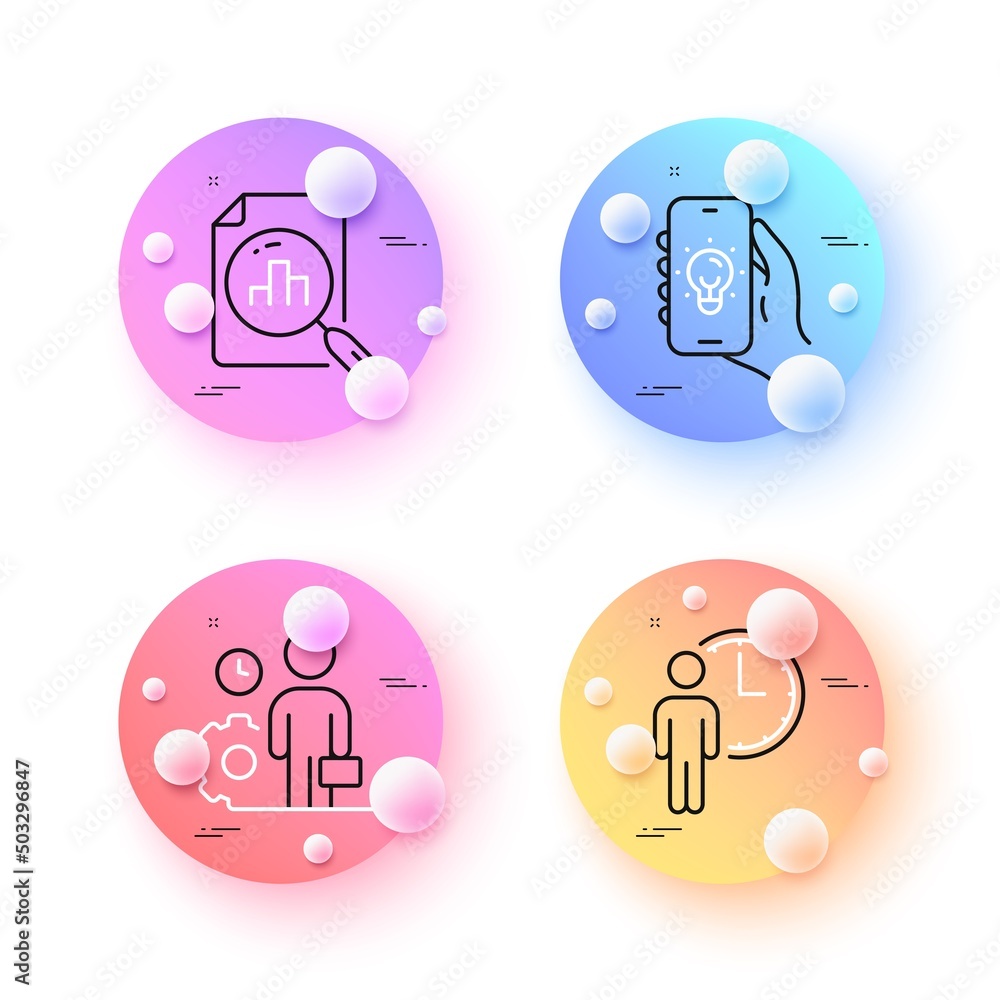 Poster analytics graph, employee and waiting minimal line icons. 3d spheres or balls buttons. electric app 