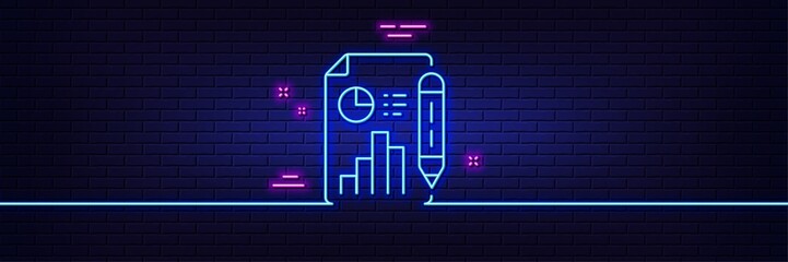 Neon light glow effect. Report document line icon. Column graph sign. Growth diagram, pie chart symbol. 3d line neon glow icon. Brick wall banner. Report document outline. Vector