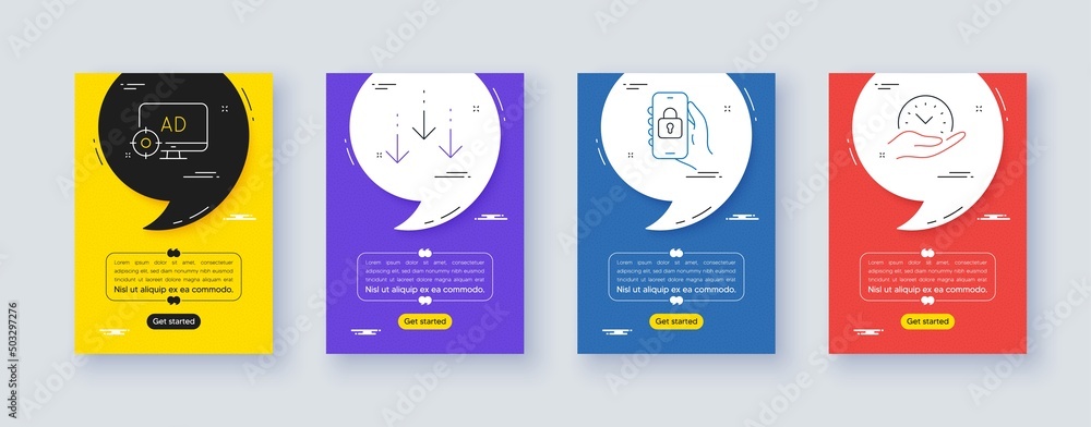 Poster set of scroll down, locked app and seo adblock line icons. poster offer frame with quote, comma. inc