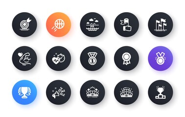 Minimal set of Best rank, Arena stadium and Strong arm flat icons for web development. Ole chant, Target goal, Cardio training icons. Swimming pool, Winner, Success web elements. Vector