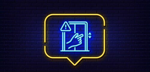 Neon light speech bubble. Dont touch lift buttons line icon. Hand warning sign. Elevator hygiene notification symbol. Neon light background. Dont touch glow line. Brick wall banner. Vector