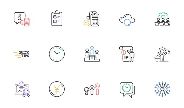 Teamwork, Bill accounting and Clock line icons for website, printing. Collection of Yen money, Time, Difficult stress icons. Artificial intelligence, Manual doc, Business podium web elements. Vector