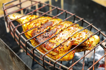 Grilled fish fried with lemon, citrus and spices, pepper. Exotic dietary marine fish. Dorado and...