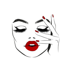 woman face with red lips and lashes