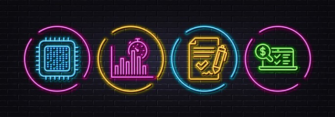 Fototapeta na wymiar Report timer, Approved agreement and Cpu processor minimal line icons. Neon laser 3d lights. Online accounting icons. For web, application, printing. Vector