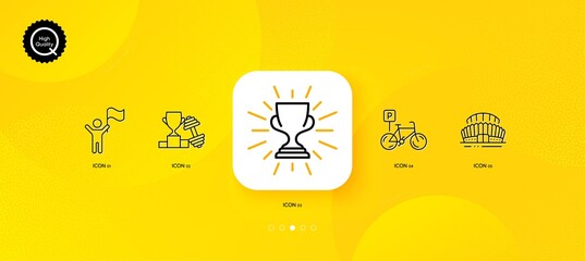 Fototapeta na wymiar Bicycle parking, Dumbbell and Trophy minimal line icons. Yellow abstract background. Sports stadium, Leadership icons. For web, application, printing. Bike park, Winner cup, Championship arena. Vector