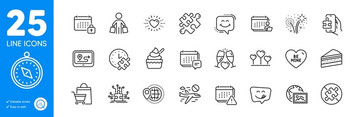 Outline icons set. Wedding glasses, Cake and Calendar icons. Puzzle time, Smile chat, Puzzle web elements. Gps, Be mine, Heart signs. Love heart, Sale bags, Message. Buyer, Notification. Vector