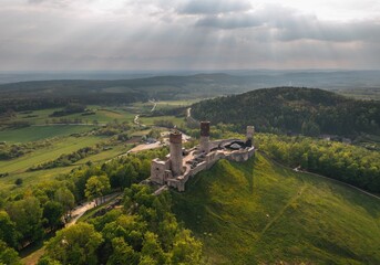 Aerial drone view, scenic summer evening landscape of Chęciny Castle (Kielce County, Świętokrzyskie Voivodeship) in Poland 