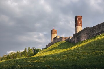 Scenic summer evening landscape of Chęciny Castle (Kielce County, Świętokrzyskie Voivodeship) in Poland 