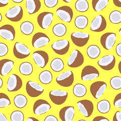 Bright seamless coconut pattern - hand drawn cartoon design. Trendy summer background. Vibrant yellow print, vector illustration