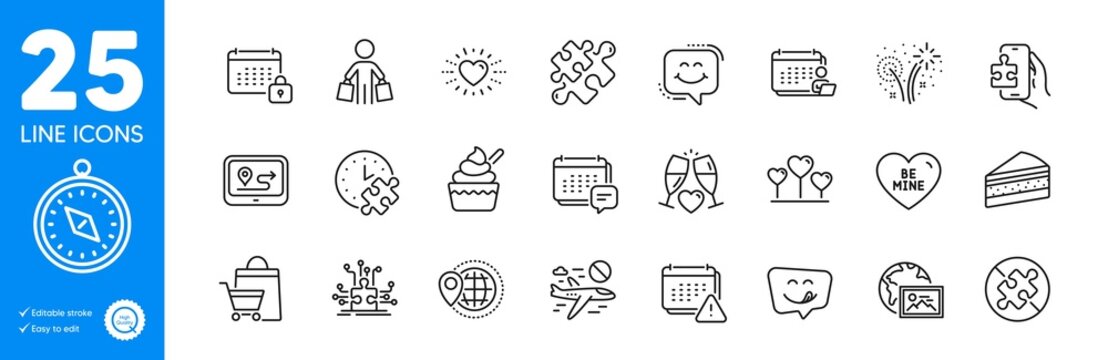 Outline icons set. Wedding glasses, Cake and Calendar icons. Puzzle time, Smile chat, Puzzle web elements. Gps, Be mine, Heart signs. Love heart, Sale bags, Message. Buyer, Notification. Vector