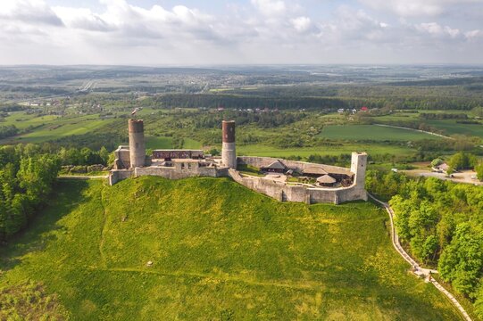 Aerial drone view, scenic summer evening landscape of Chęciny Castle (Kielce County, Świętokrzyskie Voivodeship) in Poland 