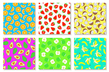 Collection of bright seamless fruits patterns - hand drawn design. Repeatable multicolor summer backgrounds. Vibrant endless prints. Vector illustration