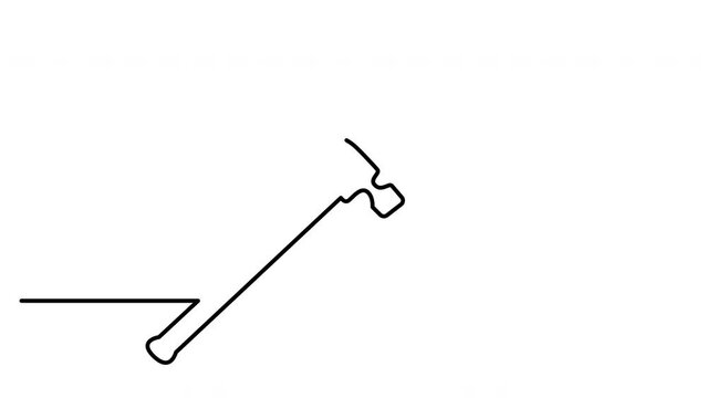 Hammer a nail. Self drawing animation. Line art white background.