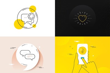 Minimal set of Heart, Employees messenger and Dots message line icons. Phone screen, Quote banners. Seo idea icons. For web development. Love, Speech bubble, Chat bubble. Performance. Vector