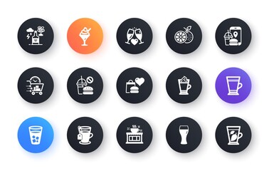 Minimal set of Coffee shop, Latte coffee and Food delivery flat icons for web development. Ice cream, Orange, Tea icons. Ice tea, Fast food, Beer glass web elements. Alcohol addiction. Vector