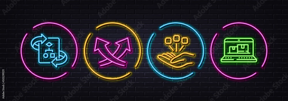 Poster intersection arrows, consolidation and technical algorithm minimal line icons. neon laser 3d lights.