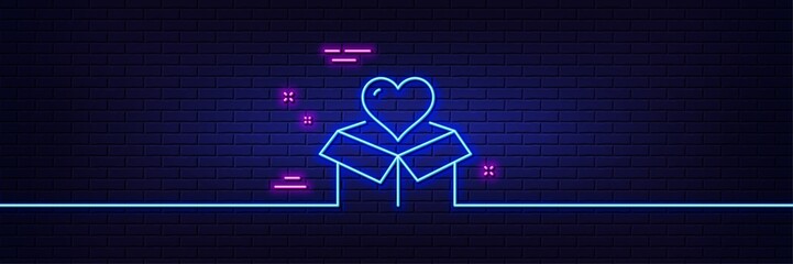 Neon light glow effect. Donation box line icon. Fundraising sign. Charity symbol. 3d line neon glow icon. Brick wall banner. Donation outline. Vector
