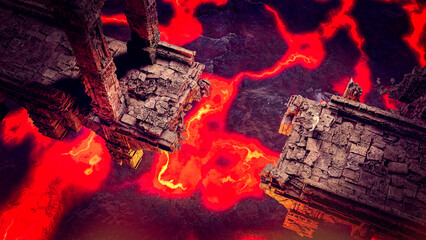 Ancient bridge collapsed over a river of lava. Explorer and archaeologist. Ancient civilizations, secrets and mysteries. Discoveries of buildings from the past. Archeology. Adventure. 3d rendering