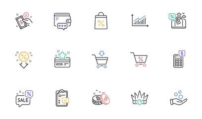 Crown, Online market and Discounts bubble line icons for website, printing. Collection of Discount, Graph, Travel loan icons. Donation money, Loyalty card, Bitcoin web elements. Wallet. Vector