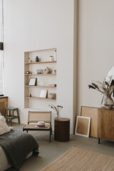 Aesthetic modern Scandinavian home interior design. Elegant bohemian living room with comfortable...