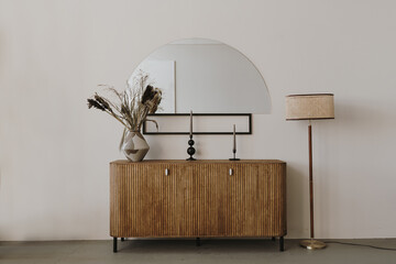 Aesthetic modern Scandinavian home interior design. Elegant bohemian living room with wooden...