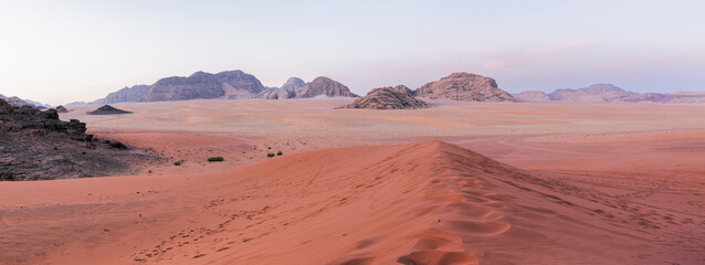 Panoramic view of sandstone rocks in Wadi Rum desert (Moon Valley). Jordan,