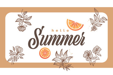 Minimalist Summer Background with Flowers and Oranges Illustration. Summer Time Background for Banner or Poster Design