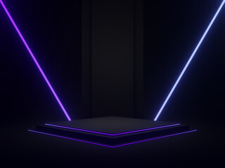 3D black geometric podium with gradient neon lights.