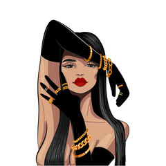 woman with jewelry on black gloves