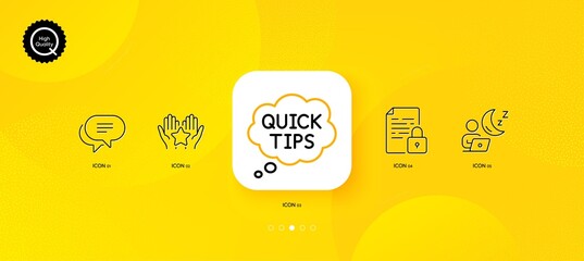 Fototapeta na wymiar Quick tips, Shift and Lock minimal line icons. Yellow abstract background. Text message, Ranking icons. For web, application, printing. Helpful tricks, Night office, Document with padlock. Vector