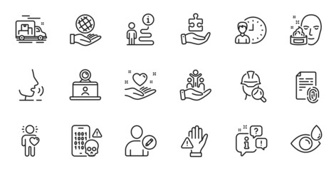 Outline set of Safe planet, Fingerprint and Edit user line icons for web application. Talk, information, delivery truck outline icon. Include Eye drops, Friend, Inclusion icons. Vector