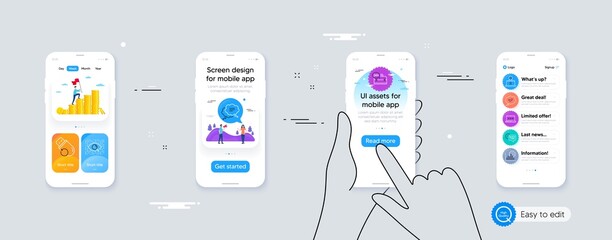 Set of 24h service, Seo graph and Approved line icons. Phone ui interface. Include Quick tips, Text message, Video conference icons. Vector