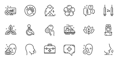Outline set of Medical analytics, Fair trade and Organic tested line icons for web application. Talk, information, delivery truck outline icon. Vector