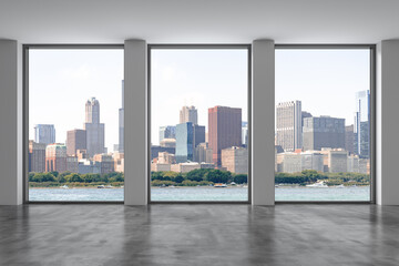 Fototapeta na wymiar Downtown Chicago City Skyline Buildings from Window. Beautiful Expensive Real Estate. Epmty office room Interior Skyscrapers, View Lake Michigan waterfront, harbor. Cityscape. Day time. 3d rendering.