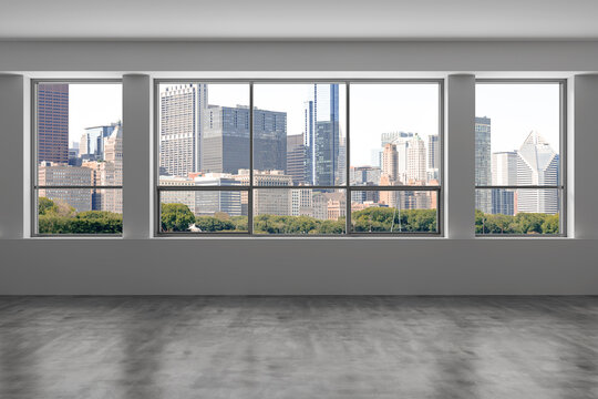 Downtown Chicago City Skyline Buildings From High Rise Window. Beautiful Expensive Real Estate Overlooking. Epmty Room Interior Skyscrapers View In Penthouse Cityscape. Day Time. 3d Rendering.