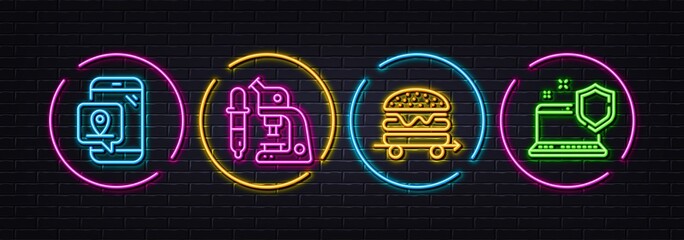 Food delivery, Microscope and Pin marker minimal line icons. Neon laser 3d lights. Computer security icons. For web, application, printing. Burger, Laboratory science, Place point. Vector