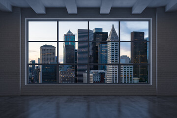 Empty room Interior Skyscrapers View. Cityscape Downtown Seattle City Skyline Buildings from High Rise Window. Beautiful Real Estate. Sunset. 3d rendering.