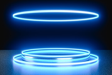 3D Illustration. Empty podium with neon glowing lights. Render for product display presentation
