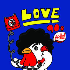 retro style of cute chicken talking on the phone The illustration is a blue background vector.