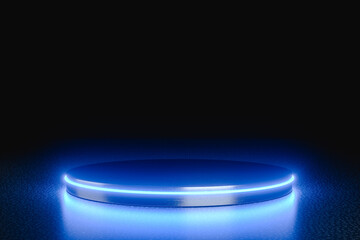 3D render. Futuristic cylindrical product display with neon glowing lights.