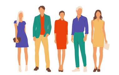 Obraz premium Set of young men and women, different colors, cartoon character, group of silhouettes of standing business people, students, the design concept of flat icon, isolated on white background