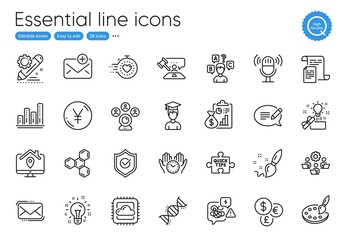 Chemical formula, Message and Work home line icons. Collection of Approved shield, Messenger mail, Cloud computing icons. Graph chart, Idea, Report web elements. Palette, Paint brush. Vector