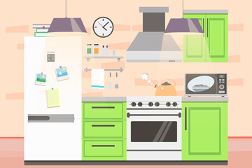 Kitchen with furniture and kitchen utensils. Vector illustration.