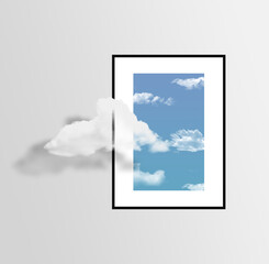 Surreal Picture Frame Minimal Concept with Cloud Over Sky Photo Frame. Think and Imagination with Picture Wall Art on White background 
