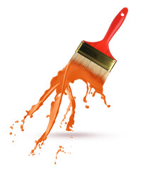 Brush and splashing orange paint on white background