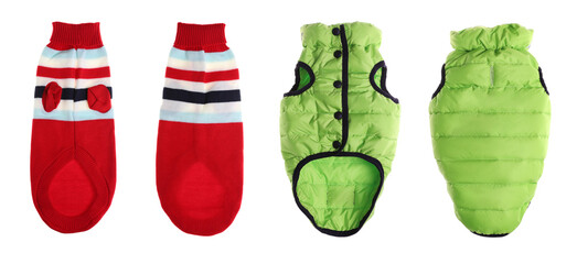 Stylish dog clothes on white background, collage. Banner design