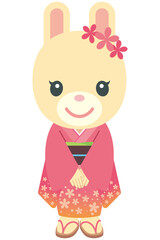 振袖を着たかわいいウサギの女の子のイラスト